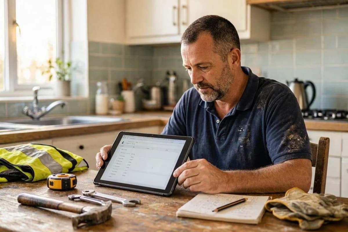 Builder producing a quote on a tablet at a renovation site in the UK