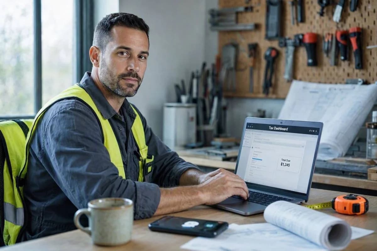 Drainage contractor reviewing quarterly tax figures on a tablet at their van