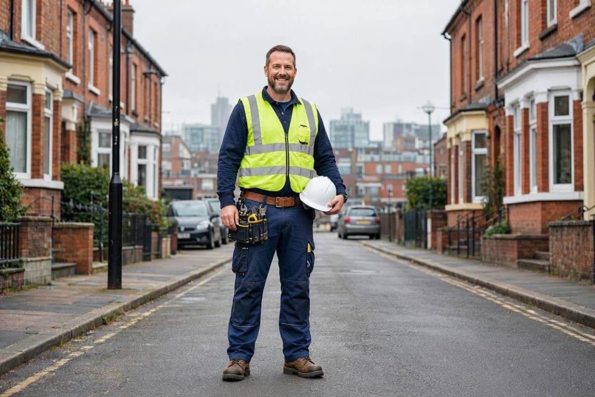 Self-employed builder in hi-vis and toolbelt at a UK residential building site