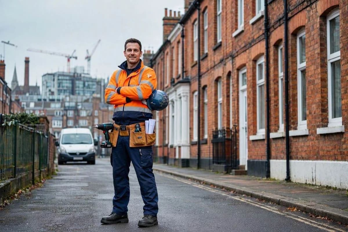 Self-employed plumber in work gear standing outside a residential property in a UK street