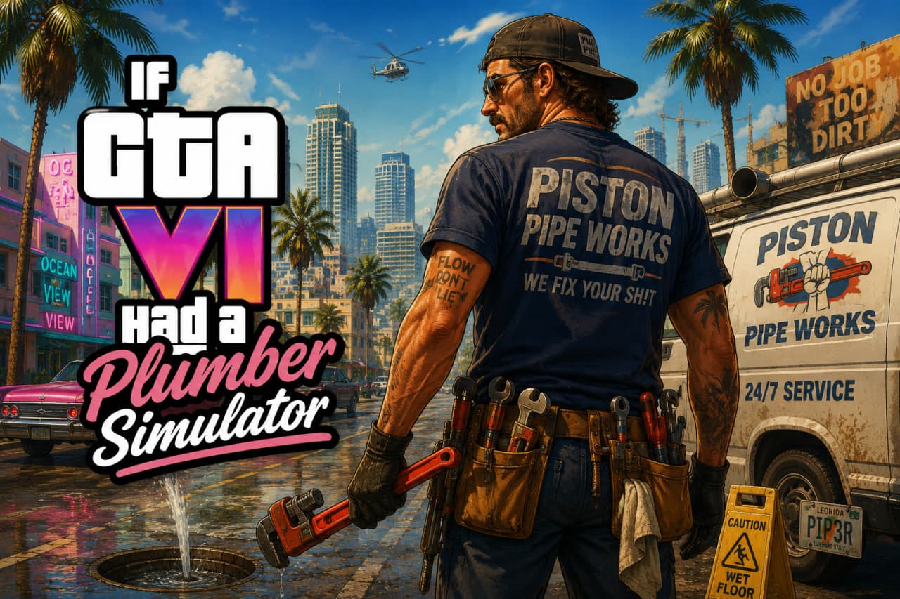 GTA VI video game character in plumber outfit with tools in a neon-lit Vice City scene