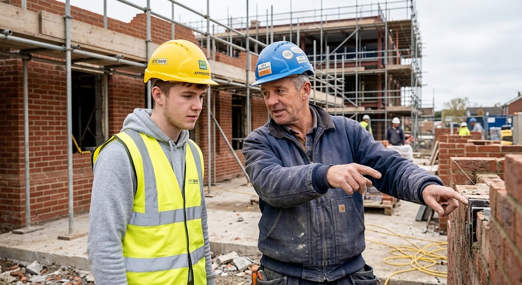 Young apprentice tradesman in hi-vis vest being mentored by experienced tradesman on UK construction site