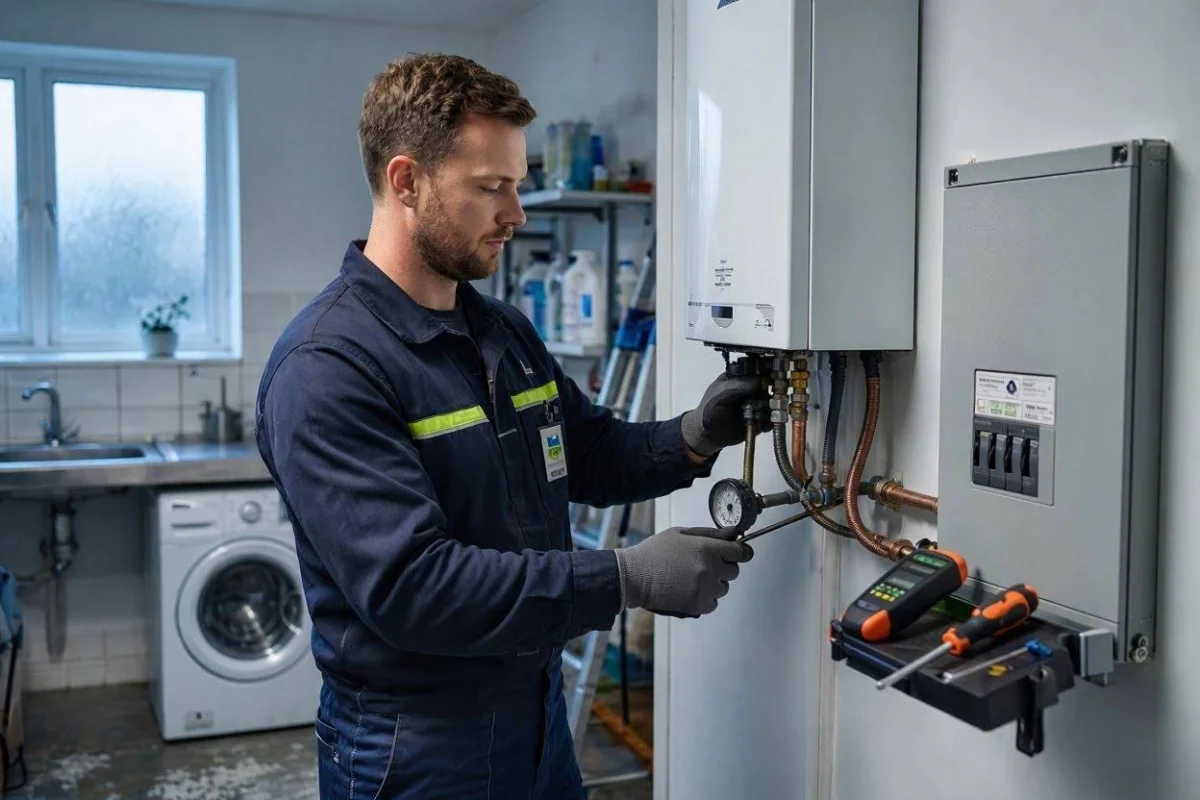 Gas engineer servicing a boiler in a UK home utility room