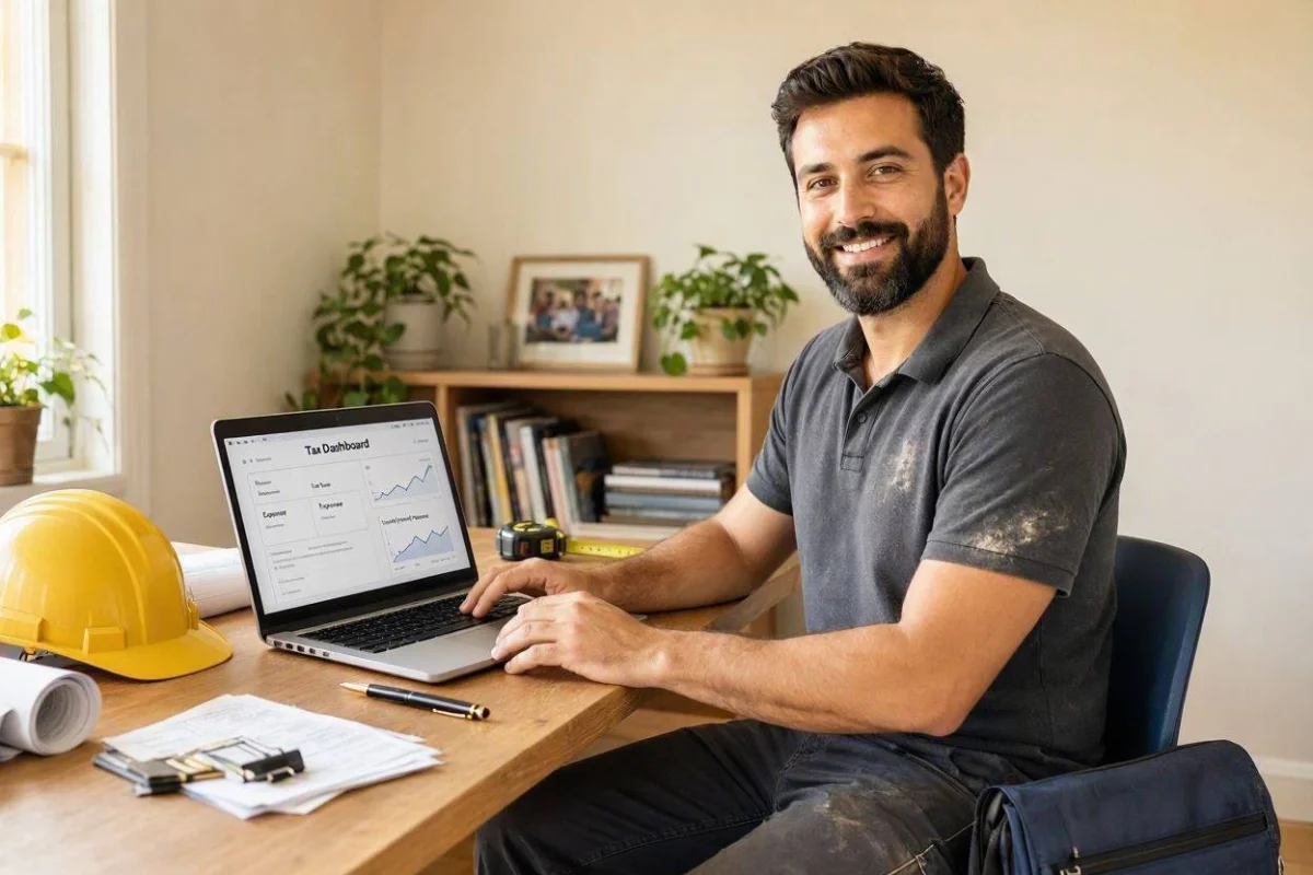 Self-employed tradesperson reviewing tax dashboard on laptop in home office