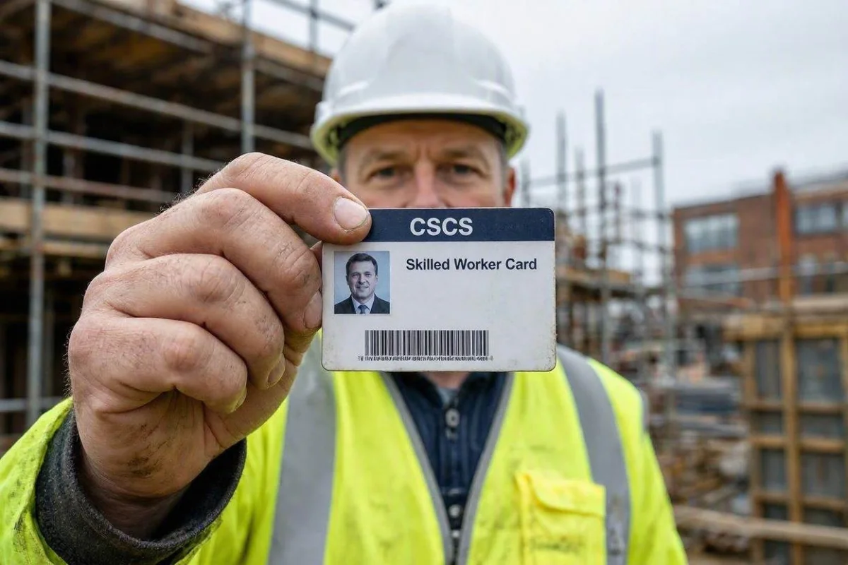 Close-up of a CSCS registration card held by worker in hi-vis on site