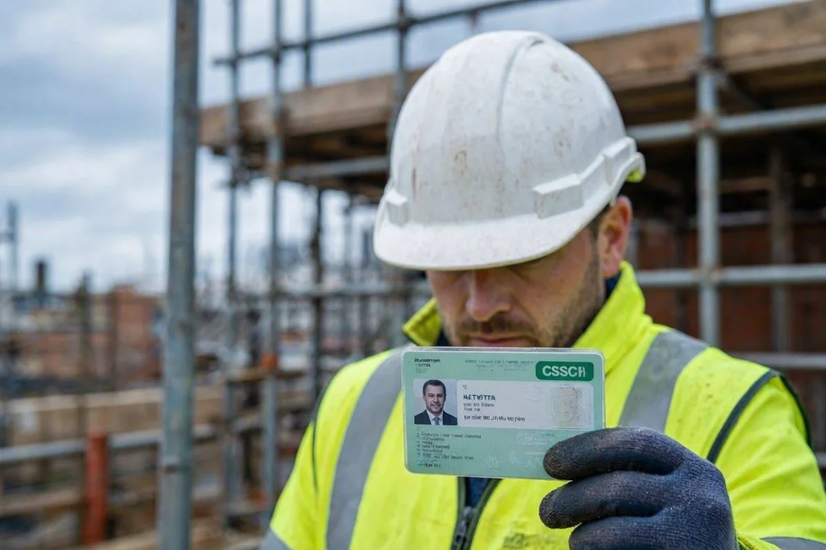 Worker holding a CSCS Skilled Worker card on a UK construction site