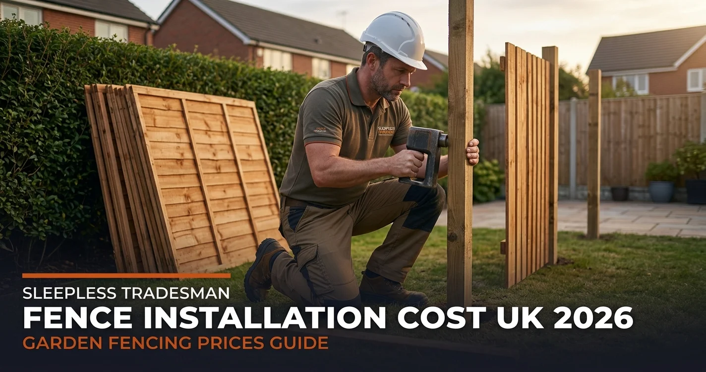 Fencer installing closeboard fence panels in a UK garden