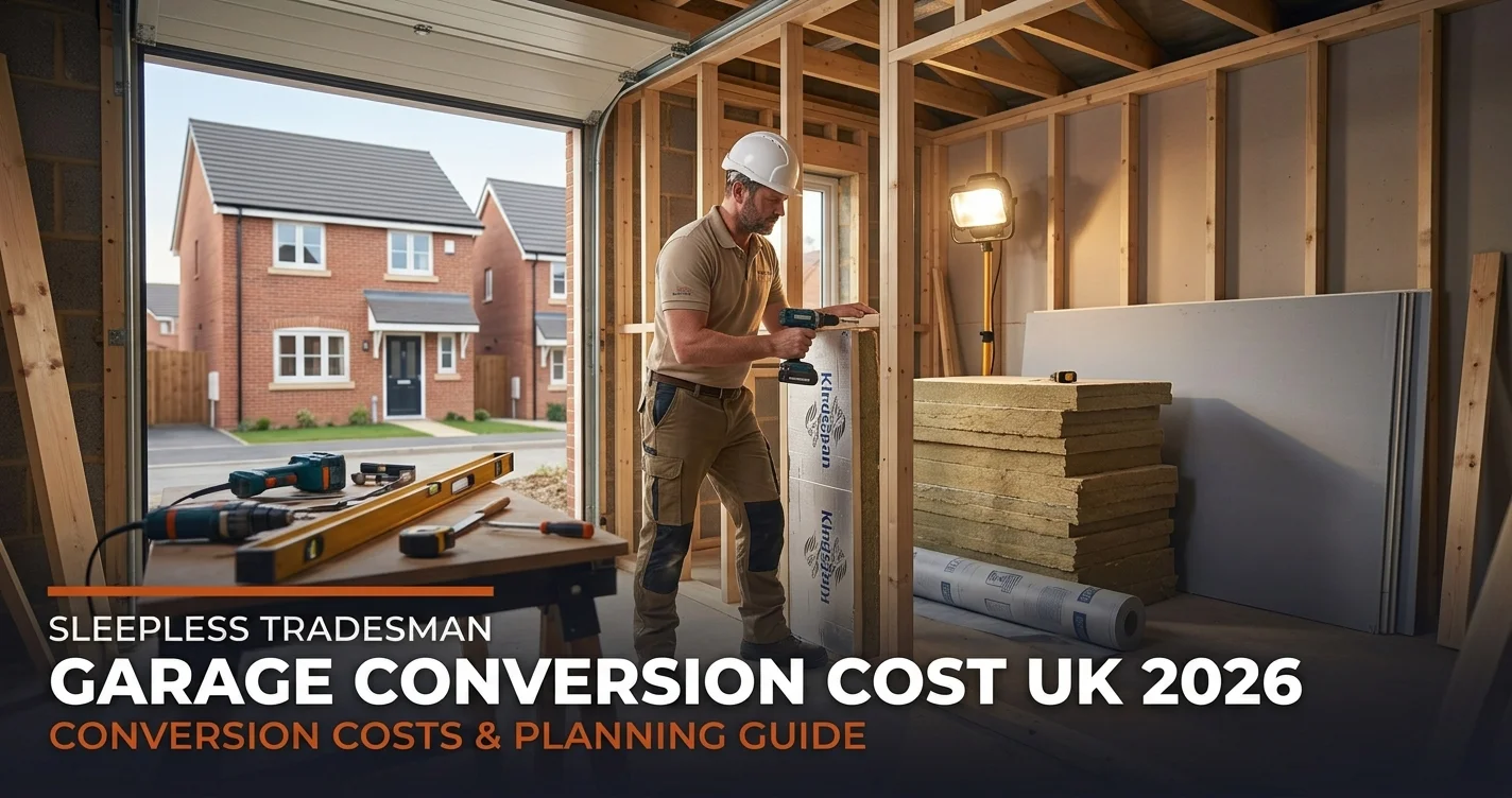 Builder working on a garage conversion in a UK residential property
