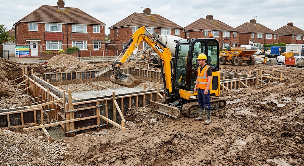 Groundworker standing beside a JCB mini excavator on a UK residential construction site