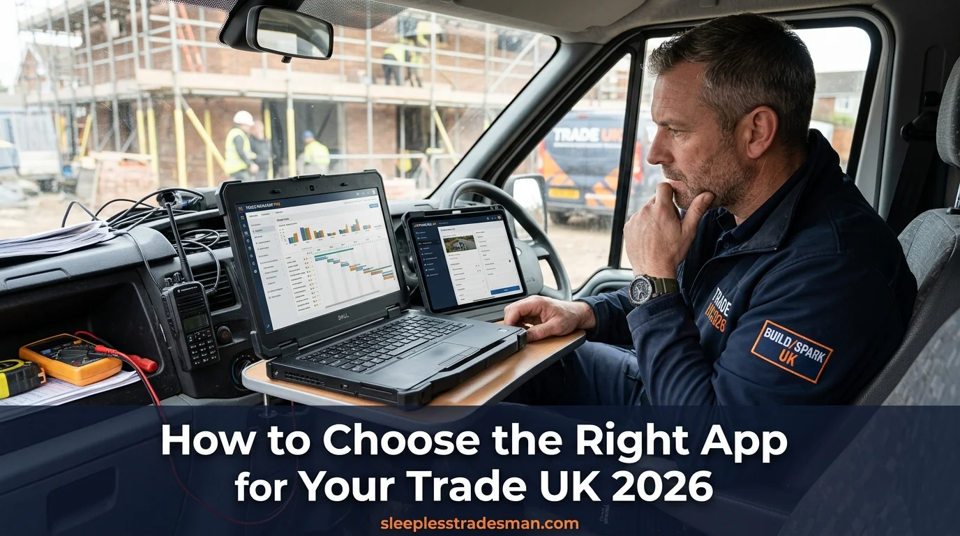 UK tradesperson reviewing business app options on a smartphone on a job site