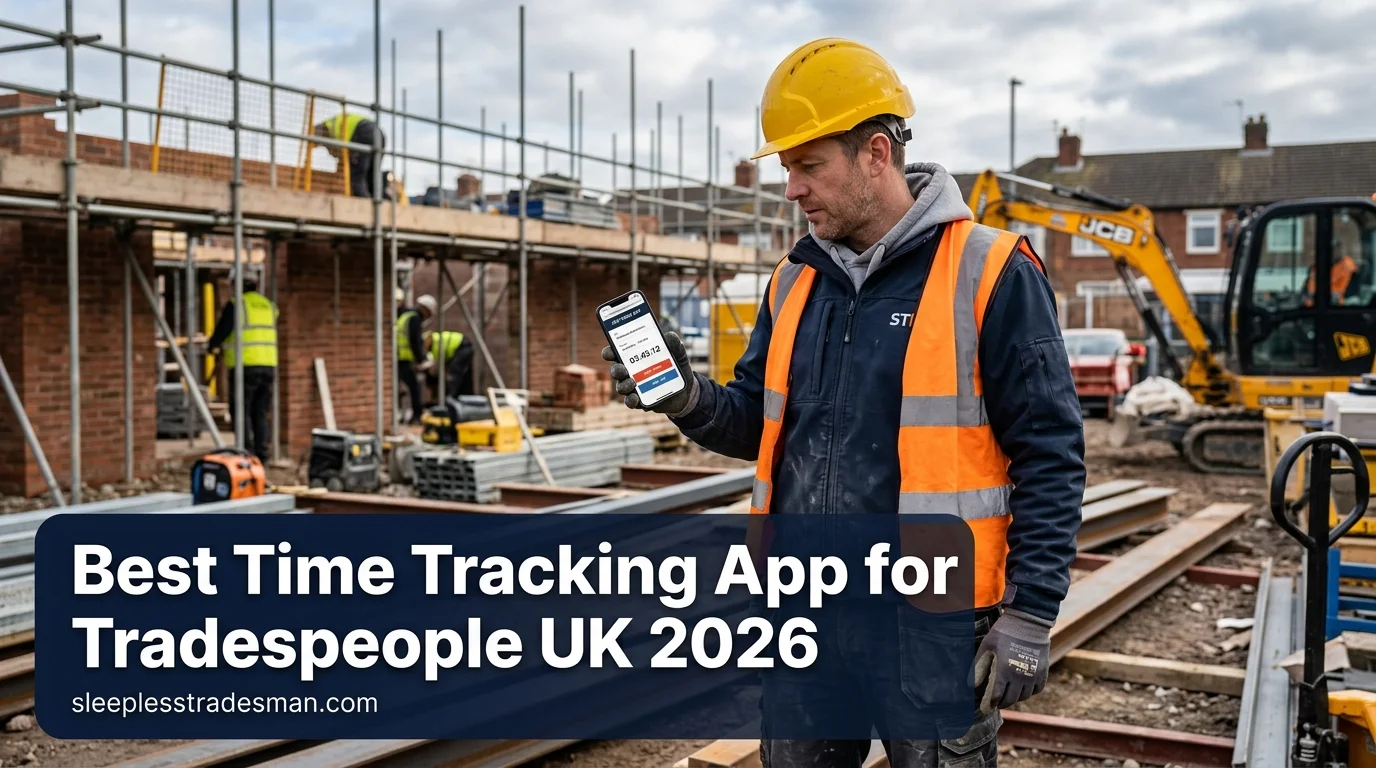 Tradesperson checking time on mobile phone on a UK building site