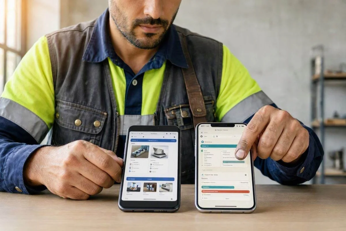 Tradesperson comparing two job management apps on smartphones side by side