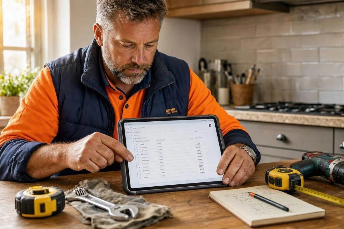 Tradesperson reviewing rate sheet and invoices on tablet in kitchen