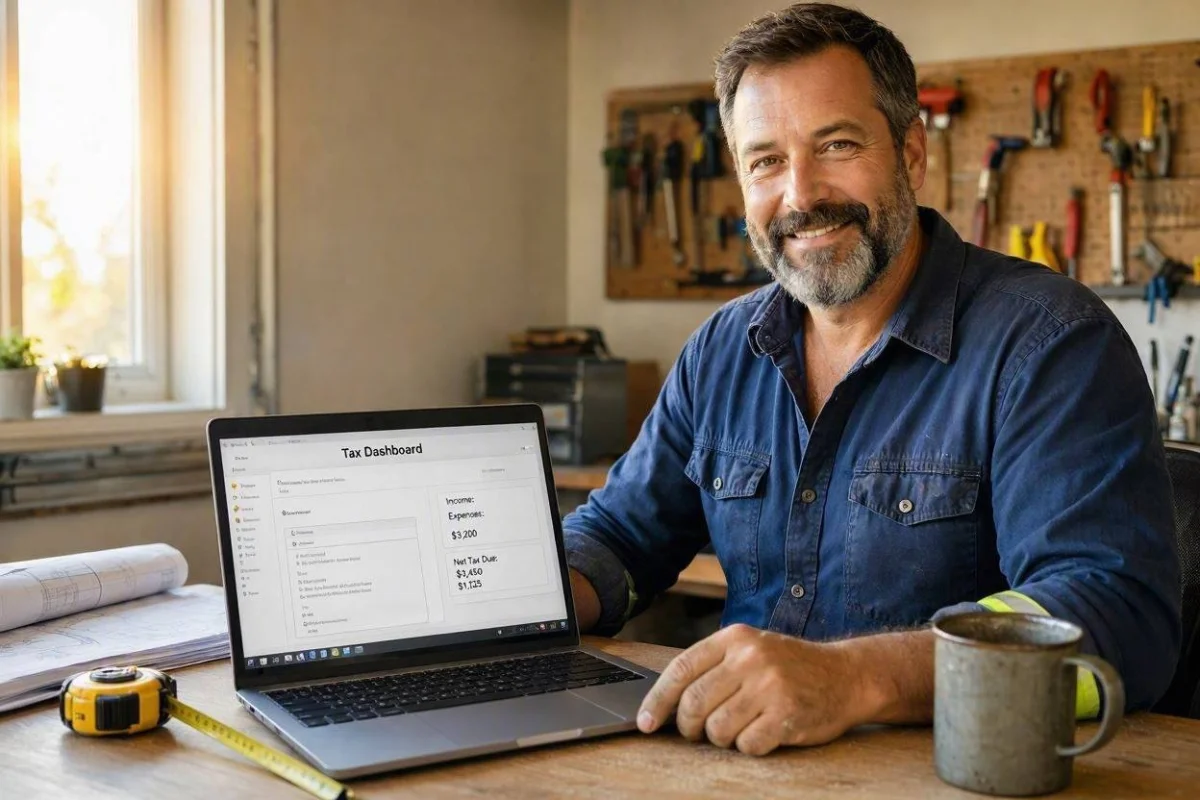 UK tradesperson reviewing business finances on a laptop