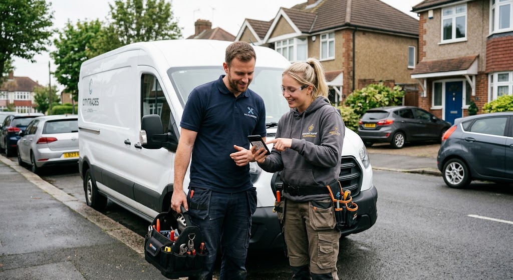 Two UK tradespeople reviewing a job management app on a smartphone beside a white transit van