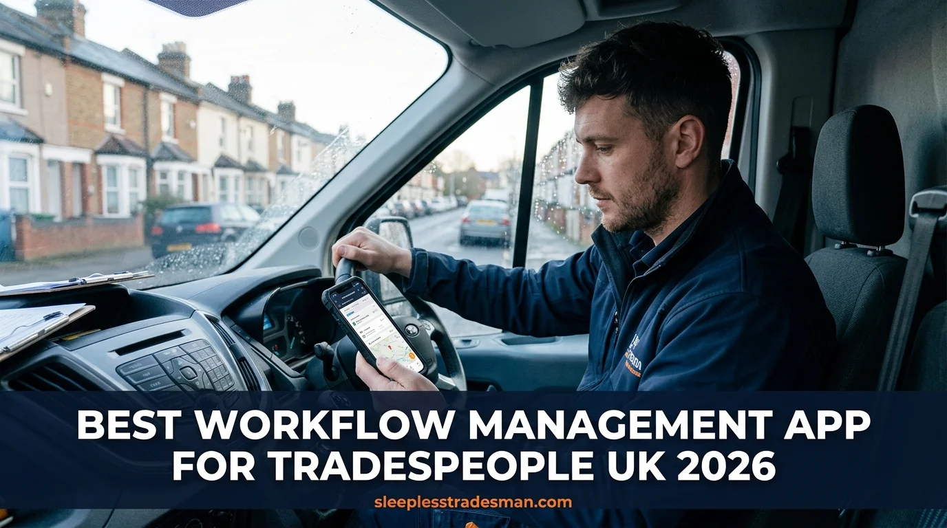 Tradesperson reviewing workflow pipeline on a tablet at a job site in the UK